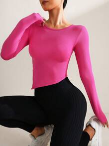SHEIN Women's Solid Color Round Neck Long Sleeve Fitted Daily Fitness Workout T-Shirt - Hot Pink - View 1