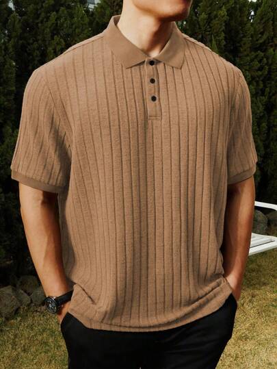 Manfinity Homme Plus Size Men's Solid Color Button Front Short Sleeve Casual Polo Shirt