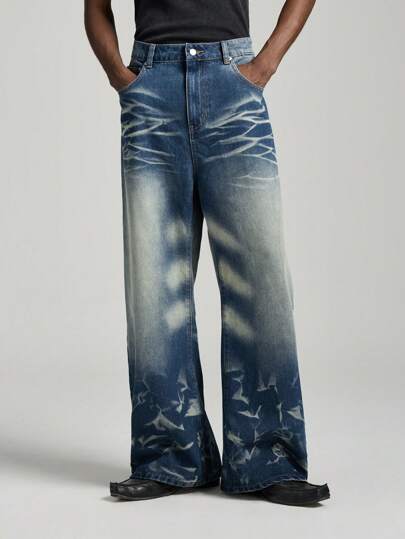 NEON BLANC Men's Fashion Street Loose Washed Long Denim Jeans