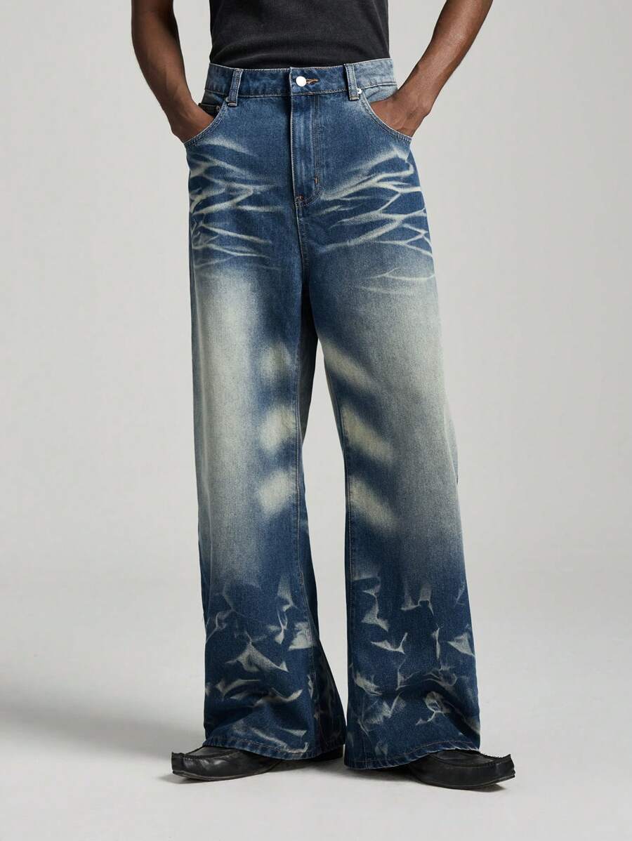 NEON BLANC Men's Fashion Street Loose Washed Long Denim Jeans - Blue - View 1