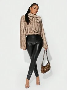 SHEIN SXY Thick Warm Fluffy Scarf Collar Brown Outerwear, Autumn/Winter - Brown - View 5