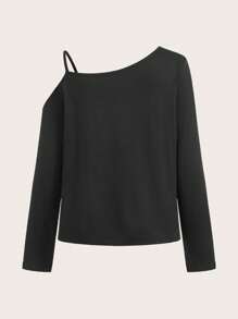 SHEIN Essnce 休闲简约落肩长袖女式猫咪字母印花 T 恤 - 黑色 - 查看 2