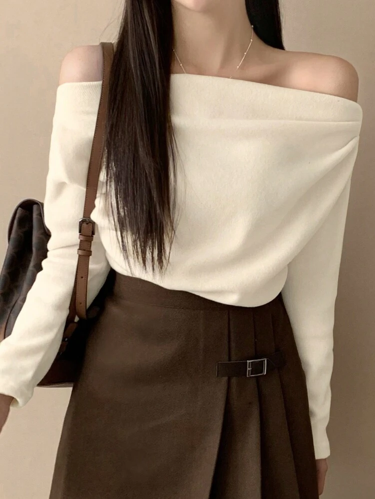 Women's Solid Color Off-Shoulder Pleated Long Sleeve Loose T-Shirt, Autumn,Back To School Clothes,Fall Women Clothes