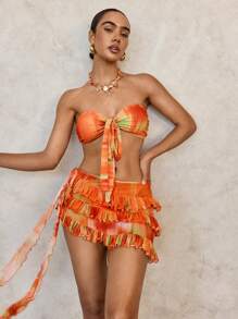 SHEIN Swim Basics Women's Sexy Tie-Dye Print Bandeau Bikini Set