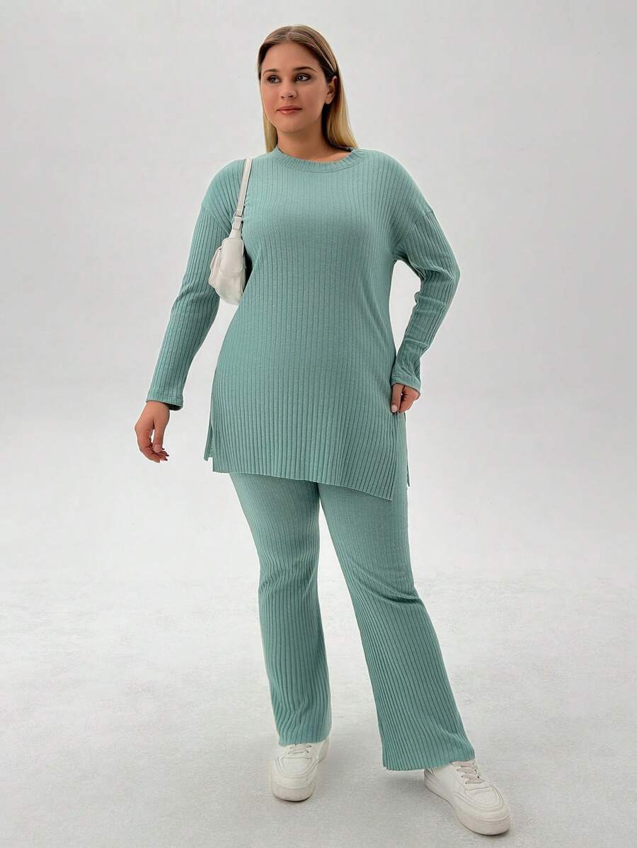 EURMUSE 2pcs Plus Size Casual Solid Color Side-Slit Top And Pants Set, Autumn/Winter - Mint Green - View 1