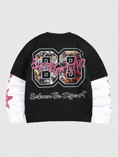 Street Life T-shirt à manches longues décontracté pour hommes, avec impression de lettres, effet superposé contrasté de couleurs d'automne