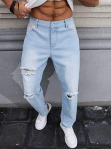 Manfinity LEGND Plus Size Men's Casual Washed Distressed Tapered Jeans - Light Wash - View 1