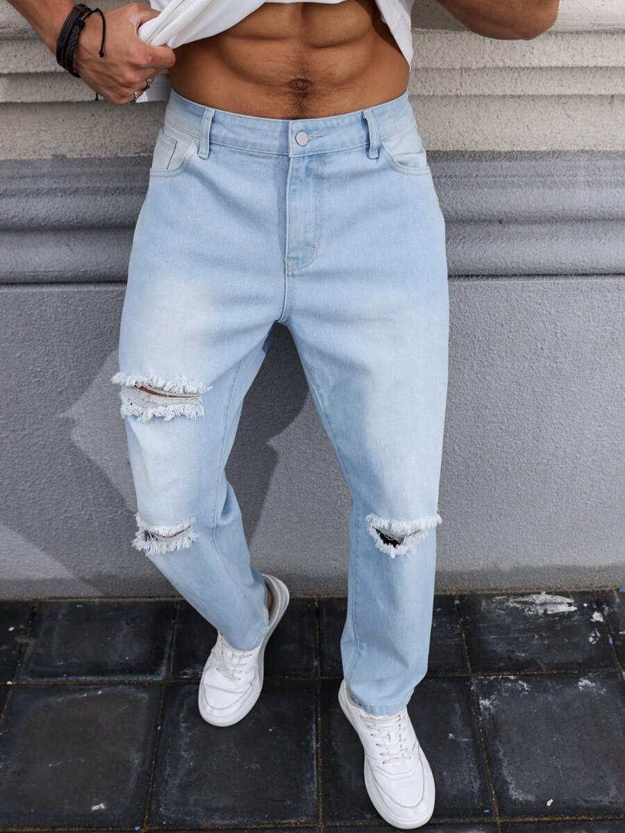 Manfinity LEGND Plus Size Men's Casual Washed Distressed Tapered Jeans - Light Wash - View 1