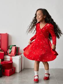 Maija Kids Maija Kids Váy thường ngày tay phồng nhung chéo cho bé gái - Đỏ - Xem 6
