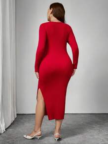SHEIN Unity Plus Size Women's Split Hem Bodycon Sweater Dress For New Year Clothes - Red - View 2