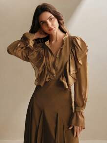 Anewsta 优雅办公室通勤荷叶边衬衫，棕色女士新年衬衫上衣 - 棕色 - 查看 6