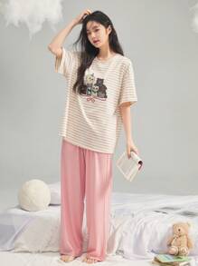 DAZY Ensemble Top rayé imprimé animal mignon et pantalon de pyjama droit et ample
