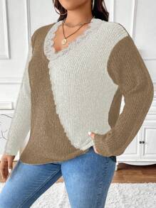 Celure Suéter de punto con cuello en V, volantes y contraste de color para mujer de talla grande, para otoño e invierno