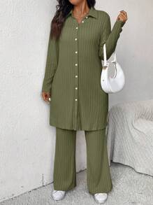 SHEIN Frenchy 2 stuks gebreide plus size dames lente/herfst effen kleur lange mouwen enkelrijs lange top en broek casual set, oud geld, luchthavenoutfit, herfstoutfits