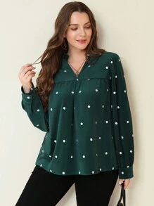 SHEIN Clasi 大码绿色灯芯绒 V 领 6 瓣花刺绣衬衫 - 綠色 - 查看 3