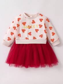 Baby Girls' Red Cute Heart Print Long Sleeve Long Mesh Princess Dress - Red - View 6