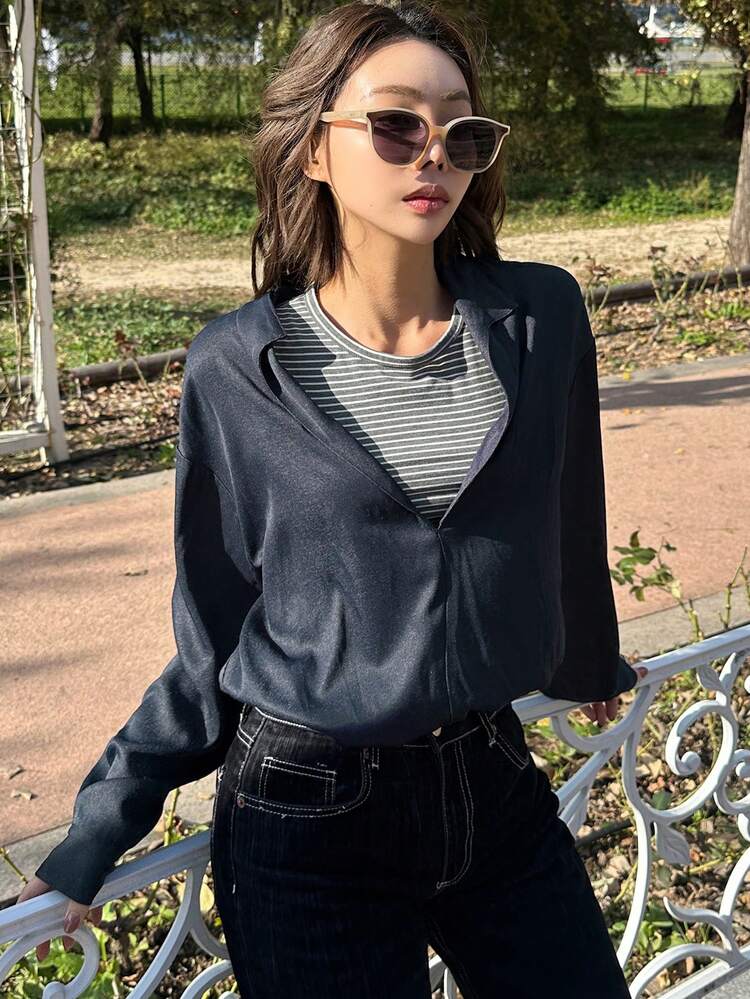 Patchwork 2 In 1 Loose Long Sleeve Women Blouse,Fall Clothes