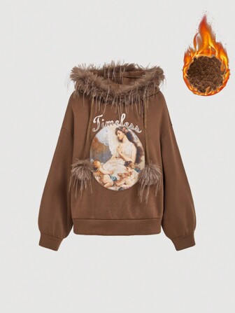 SHEIN MOD Damen Retro Ölgemälde Muster Patchwork Plüschkragen Sweatshirt, Geschenkidee für Damen Sweatshirt, Winterkleidung, Damen Hoodies, Neujahr, Valentinstag Damenkleidung, fröhliches Neues Jahr, Valentinstag Sweatshirt