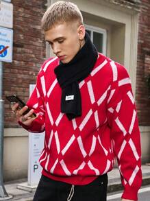 Manfinity Hypemode Suéter de cuello redondo de manga larga con bloqueo de color y patrón de diamantes, de punto, para hombre - Uso casual para otoño/invierno, salir con amigos