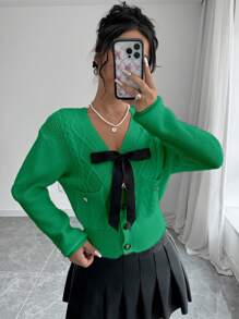 Selianne Cárdigan informal con adorno de lazo y bolsillos dobles, otoño/invierno - Verde - Ver 3