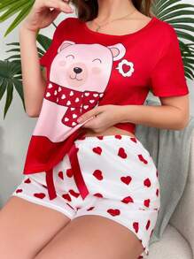 Cute Panda Heart Allover Print INS Style Women Pajama Set - Burgundy - View 6