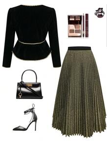 Flirla Plus Size Women Velvet Ruffle Trim Elastic Waist Jacket & A-Line Skirt 2 Pieces Set, Autumn/Winter Fall Cloth For Women