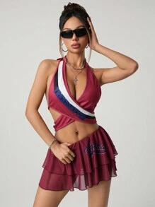 SHEIN ICON 2 Pieces Set: Fitted Draped Neck Cross-Tie Sportswear Top And Skirt