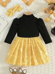 SHEIN Abito da bambina con motivo a fuochi d'artificio adorabile, collo alto, maniche a palloncino, decorato con fiocco e fascia per la testa, adatto per uscite