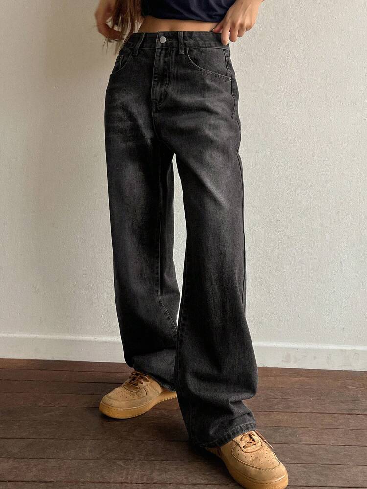 Women Vintage Loose Wide Leg Jeans With Pockets And Long Length, Washed Blue,Baggy Jeans,Fall Clothes