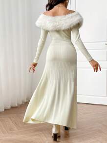Modelyn Elegant Off Shoulder Fur Collar Sweater Dress For Autumn/Winter - White - View 4