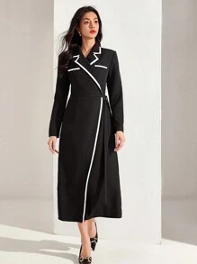 Heiryn Women Contrast Piping Lapel Collar Wrap Tie Long Dress, Spring/Autumn