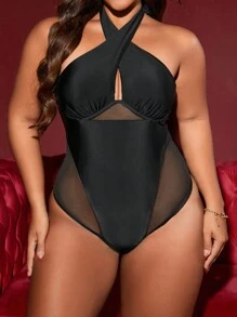 SHEIN Swim Curve Maillot de bain une pièce noir pour femmes grandes tailles avec cerceau en acier, pour l'été