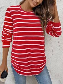 SHEIN LUNE Sudadera deportiva casual de manga larga con estampado de rayas negras y blancas para mujer, otoño