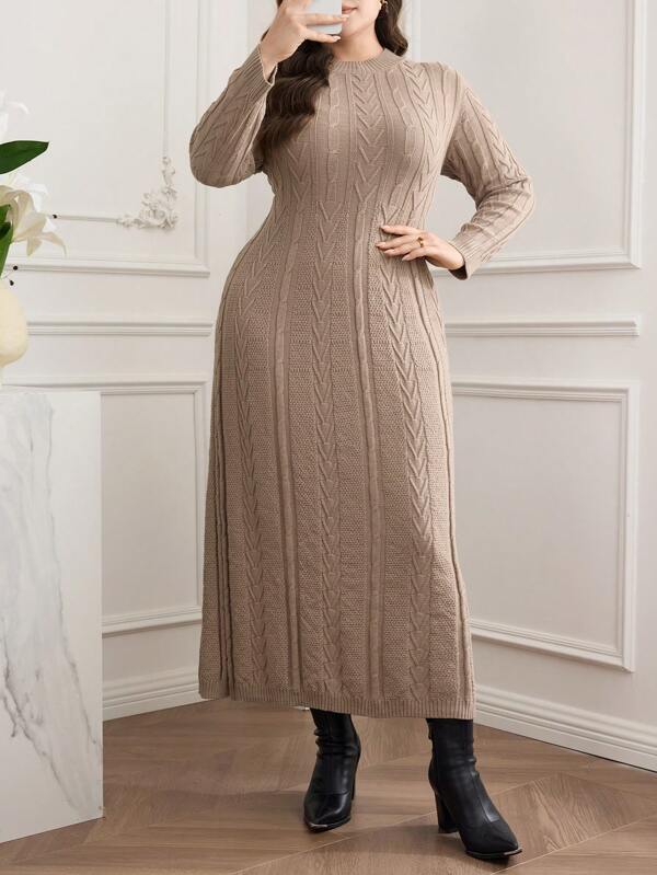 Modelyn Plus Size Women Round Neck Long Sleeve Long Casual Knit Sweater Dress, Autumn/Winter