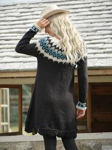 LanaWest Women's Fairisle Jacquard Geometric Pattern Long Sleeve Sweater Dress - Black - View 2