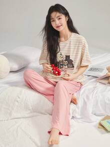 DAZY Ensemble Top rayé imprimé animal mignon et pantalon de pyjama droit et ample