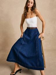 Poéselle Damska spódnica jeansowa w kształcie litery A z kieszeniami, kowbojka, swobodna, dojazdowa, damska, spódnica w stylu boho, damska spódnica jeansowa, ciemnoniebieska, uniwersalna, dżinsowa, stroje damskie, odzież damska, damska spódnica jeansowa, luźna spódnica damska, zimowe ubrania damskie, bezproblemowa, szykowna, niezbędna,