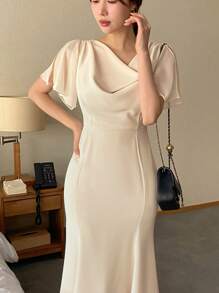 DAZY Vestido elegante de manga corta con cuello de volantes y cola de pez para mujeres