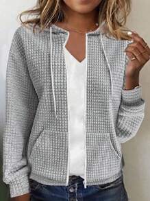 EMERY ROSE Áo hoodie có túi Kangaroo, Áo hoodie có túi thường ngày xuân/thu dành cho nữ, Áo hoodie dài tay có mũ trùm đầu có khóa kéo, dáng ôm vừa vặn màu xám thường, Áo hoodie có vai thả có khóa kéo dành cho nữ, Áo dài tay - Xám - Xem 1