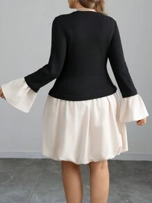 Flirla Plus Size Women Elegant Casual Cute Commuting Party Color Block Round Neck Knit Patchwork Short Sleeve Mini Dress Fall Cloth For Women - Black - View 2