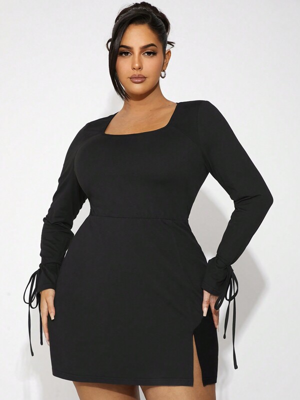 SHEIN SXY Plus Size Women Square Neck Long Sleeve A-Line Split Tight Black Knitted Dress