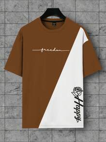 Manfinity EMRG Men's Plain Color Block Round Neck Short Sleeve Printed Casual T-Shirt