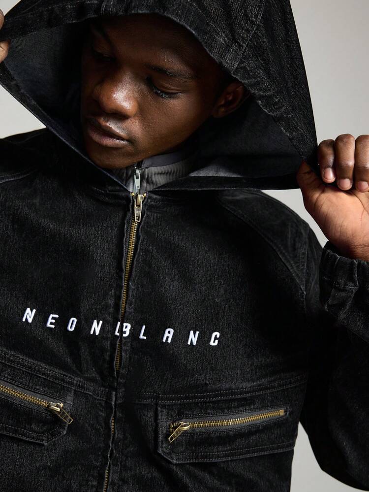 Men Embroidery Hooded Casual Denim Jacket