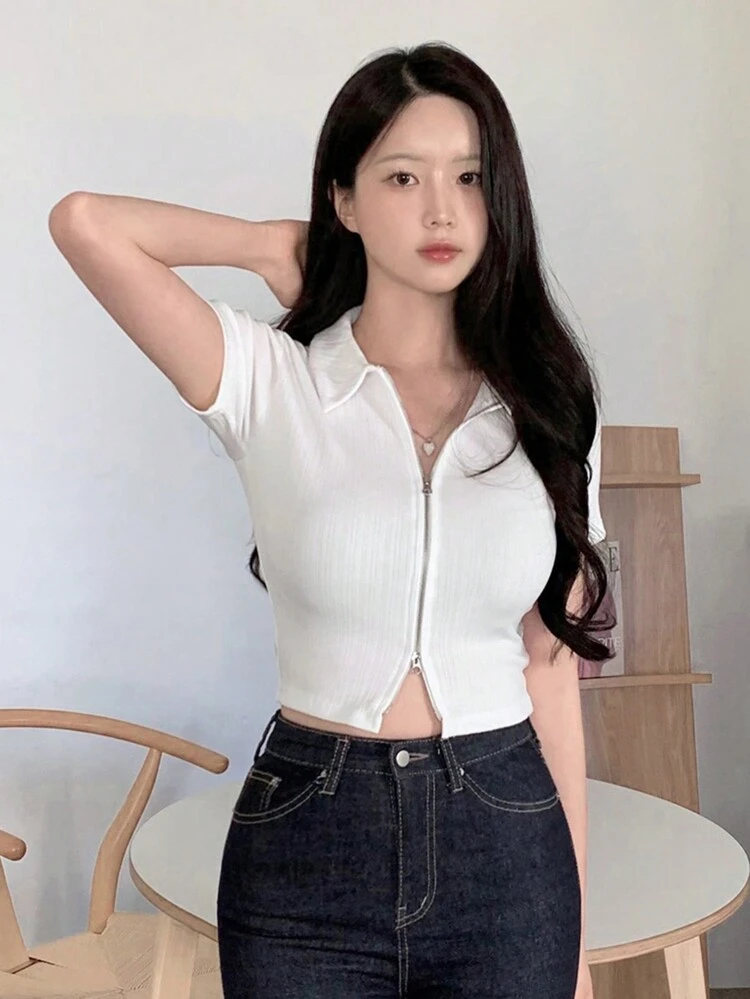 Women's Collared Button-Up Short Sleeve Fitted Rib Knit T-Shirt Summer,Crop Tops Women