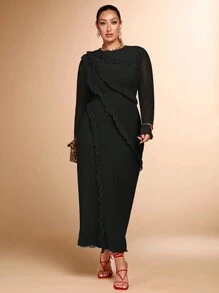 SHEIN BAE Vestido de manga larga de malla ajustado con cuello redondo, color rojo sólido, diseño de volantes multicapa, adecuado para fiestas de cócteles, citas románticas, vestido de punto de otoño e invierno, fiesta, evento formal, boda, dama de honor, cena, Halloween, Navidad, tallas grandes