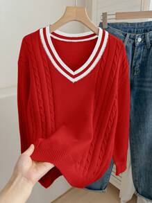SHEIN Teengirl Oatmeal V-Neck Oversized Colorblock Casual Long Sleeve Sweater, Suitable For Back To School, Street, Work - Multicolor - View 1