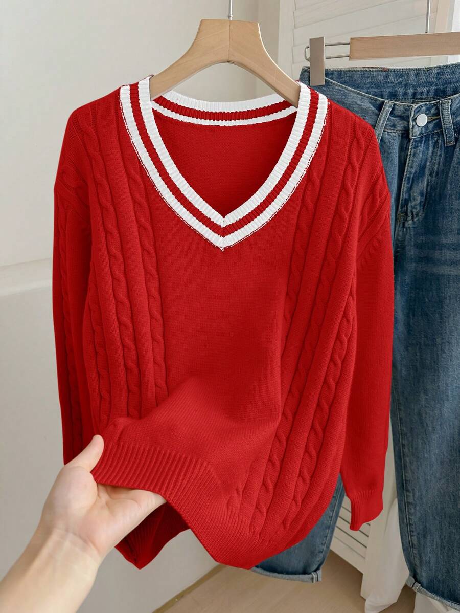 SHEIN Teengirl Oatmeal V-Neck Oversized Colorblock Casual Long Sleeve Sweater, Suitable For Back To School, Street, Work - Multicolor - View 1