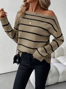 SHEIN Clasi Women Plus Size Casual Striped Asymmetric Neck Drop Shoulder Long Sleeve Knit Sweater, Autumn/Winter