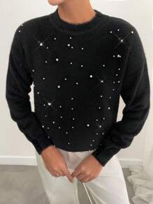 EURMUSE Women Hairy Yarn Solid Color Rhinestone Detailed Round Neck Pullover - Black - View 6