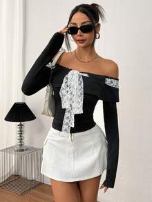 INAWLY Women's Elegant Off-Shoulder Lace Tie-Up Long Sleeve Slim Fit T-Shirt Fall Cloth For Women